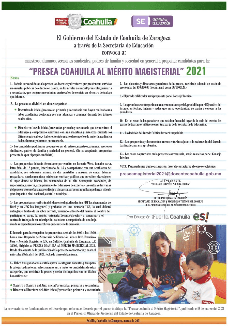 ABIERTA CONVOCATORIA PARA PRESEA COAHUILA AL MÉRITO MAGISTERIAL