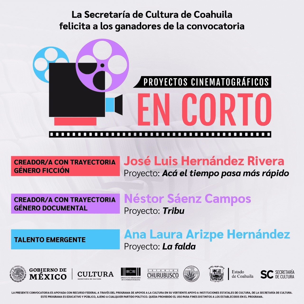 CULTURA COAHUILA DA A CONOCER LOS GANADORES DE LA CONVOCATORIA ‘PROYECTOS CINEMATOGRÁFICOS EN CORTO’