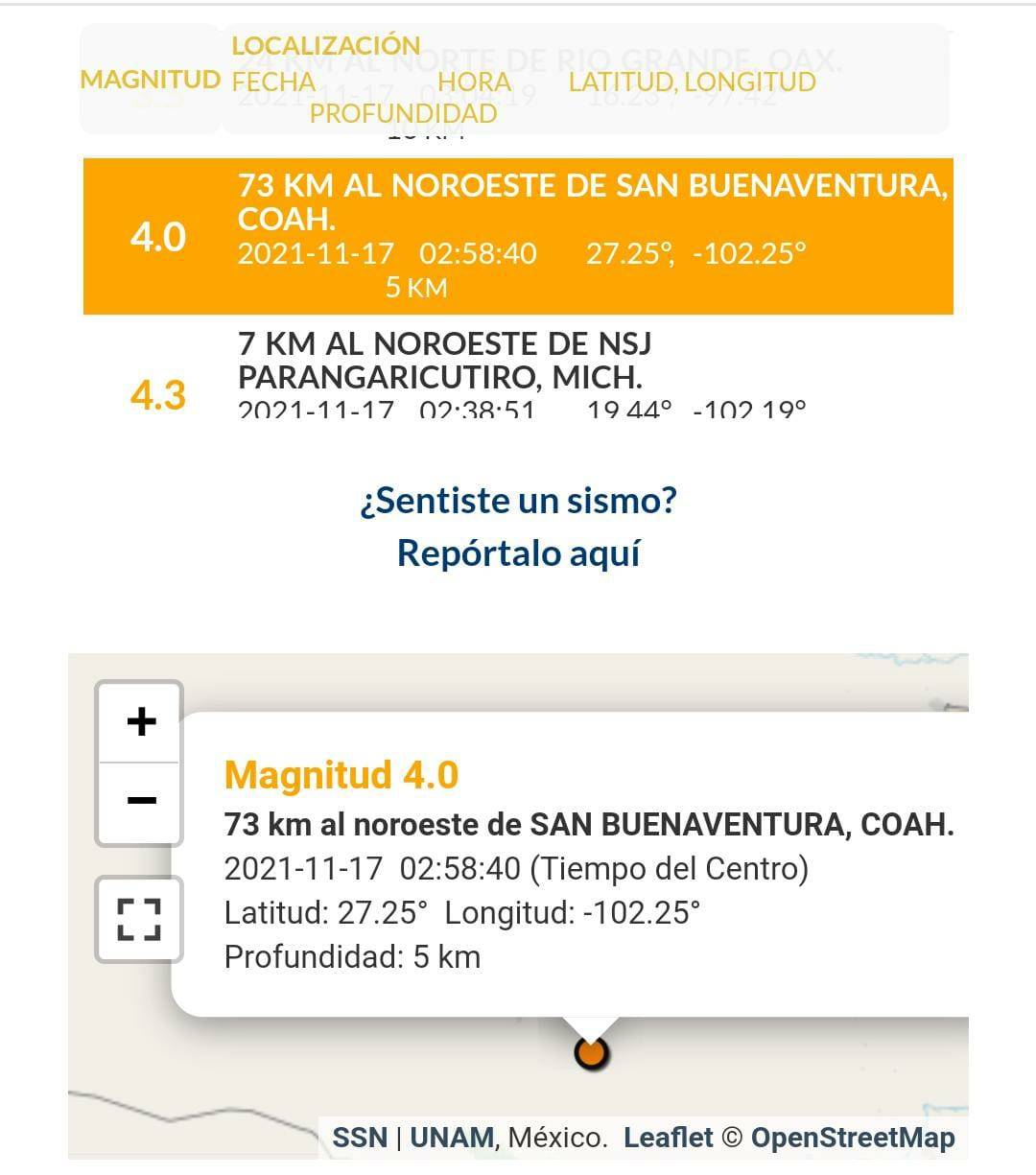 Se registra sismo en San Buenaventura