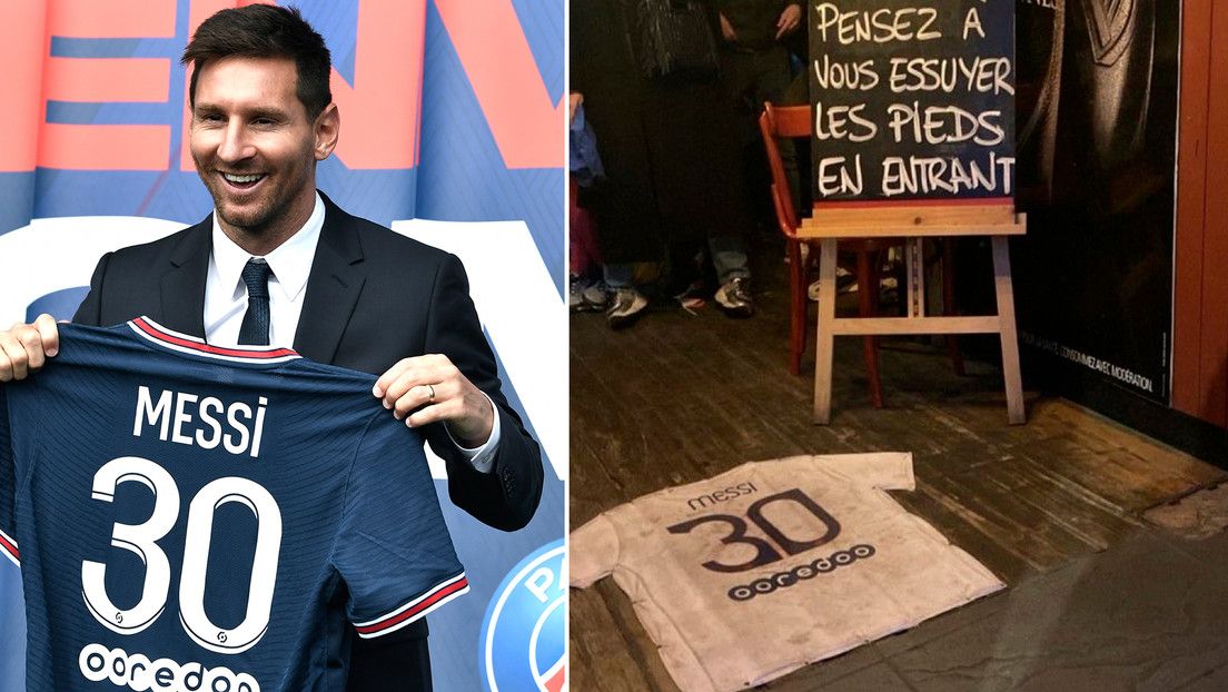 «No olvides limpiarte los pies»: Usan una camiseta de Messi como alfombra en un bar de Francia 