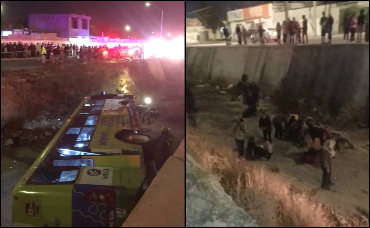 Conductor se queda dormido y desbarranca camión a un arroyo de NL; reportan 18 heridos