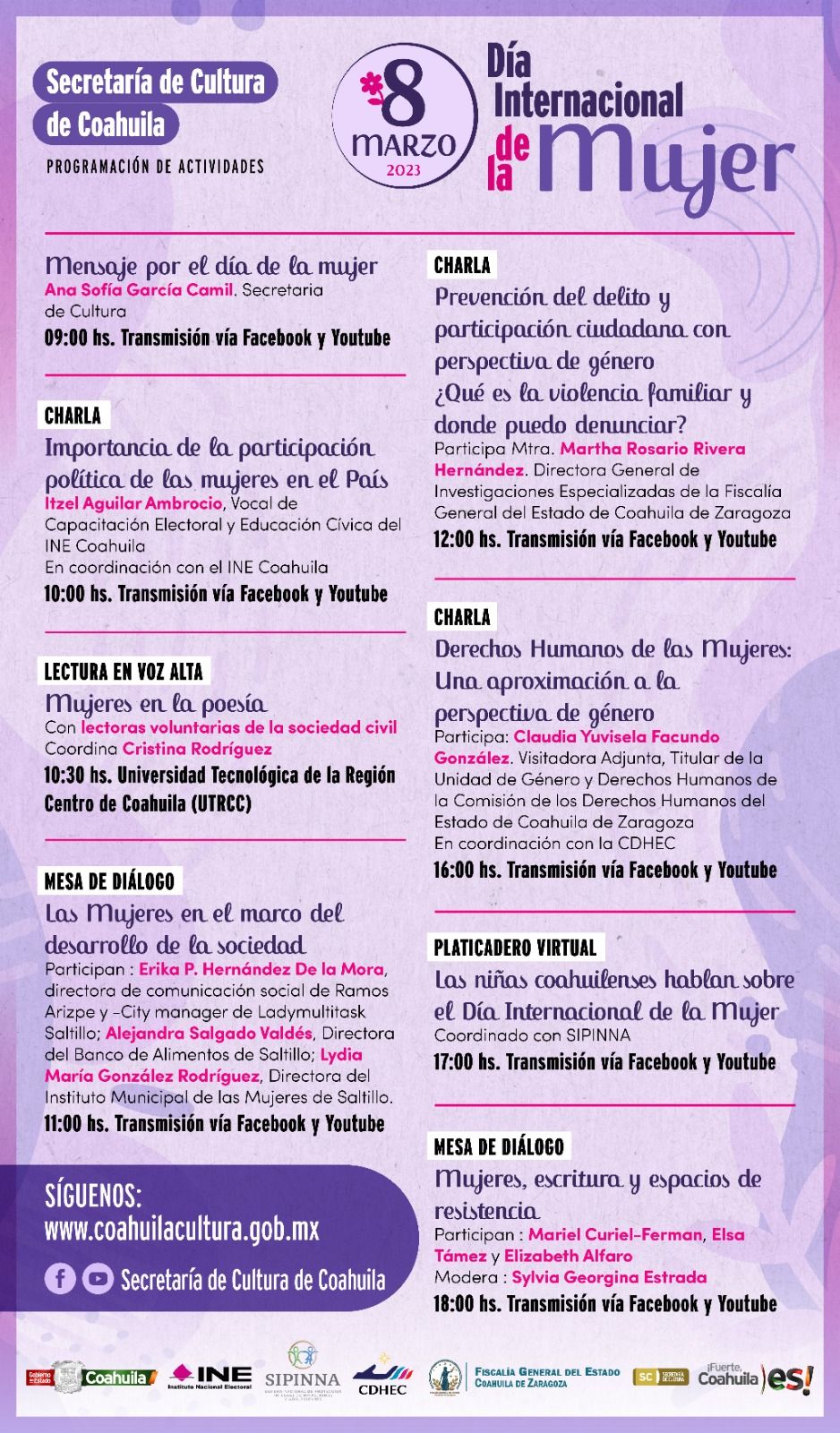 Cultura Coahuila presenta programa de conferencias por el Día Internacional de la Mujer en FB y YT