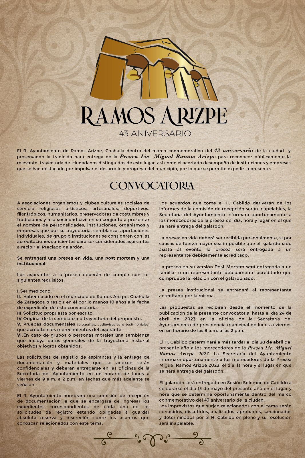 LANZAN CONVOCATORIA PARA “PRESEA MIGUEL RAMOS ARIZPE”