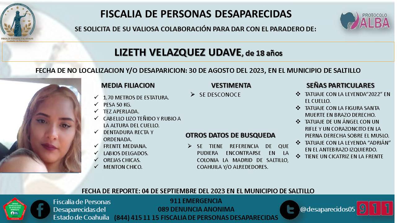 Buscan en Saltillo a Lizeth Velázquez