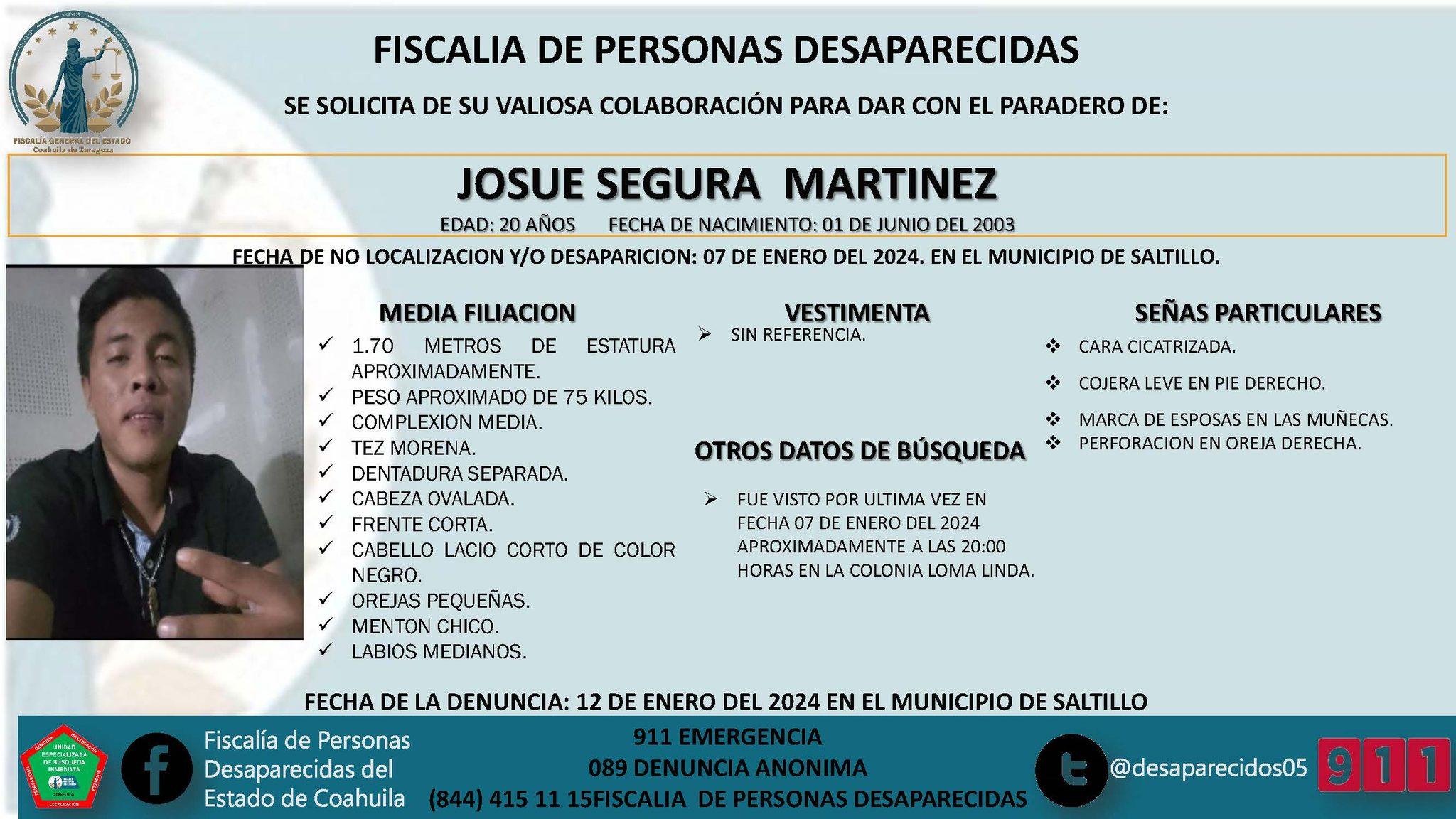 Activan la búsqueda de Josué Segura Martínez