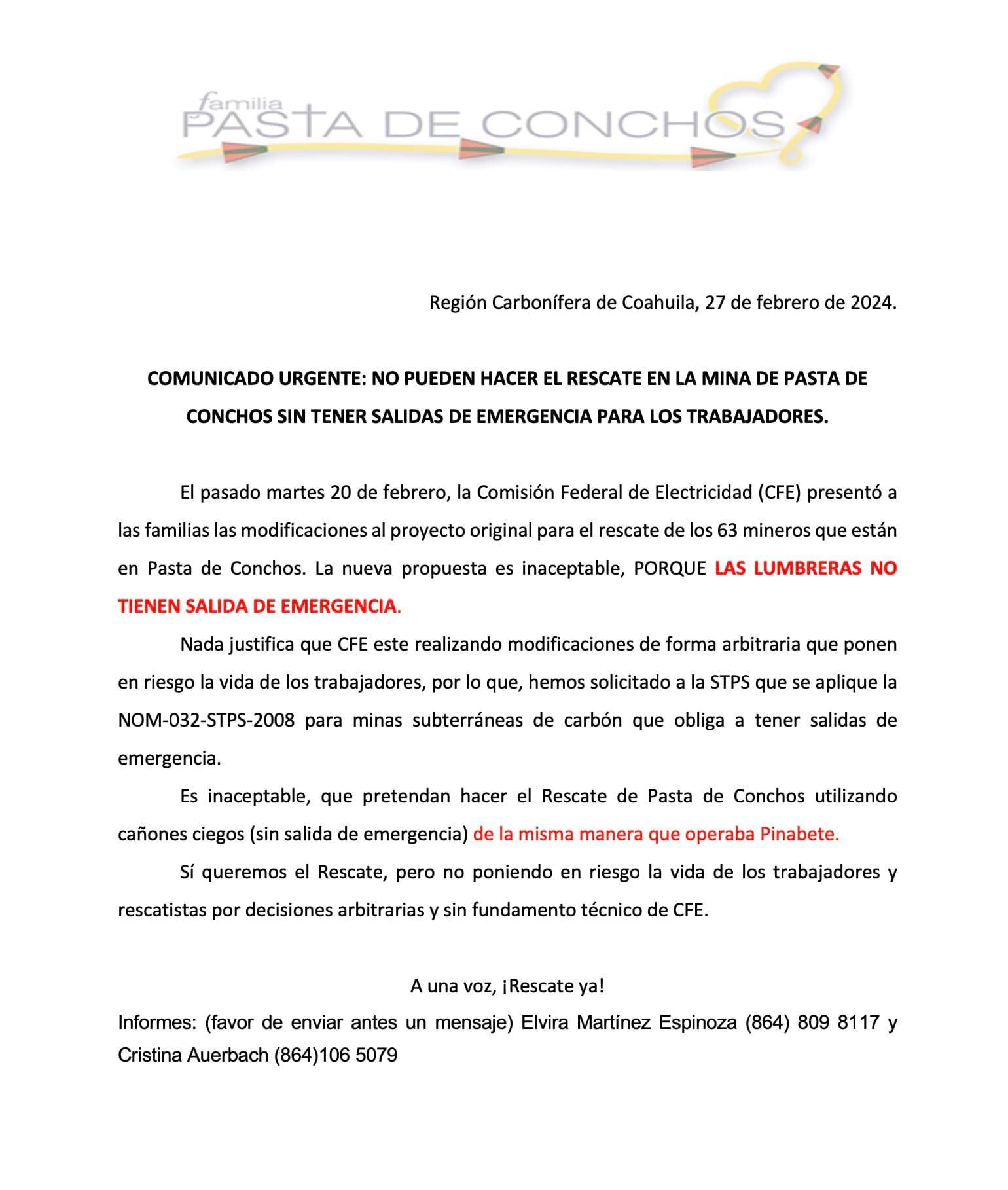 En riesgo trabajadores de Pasta de Conchos