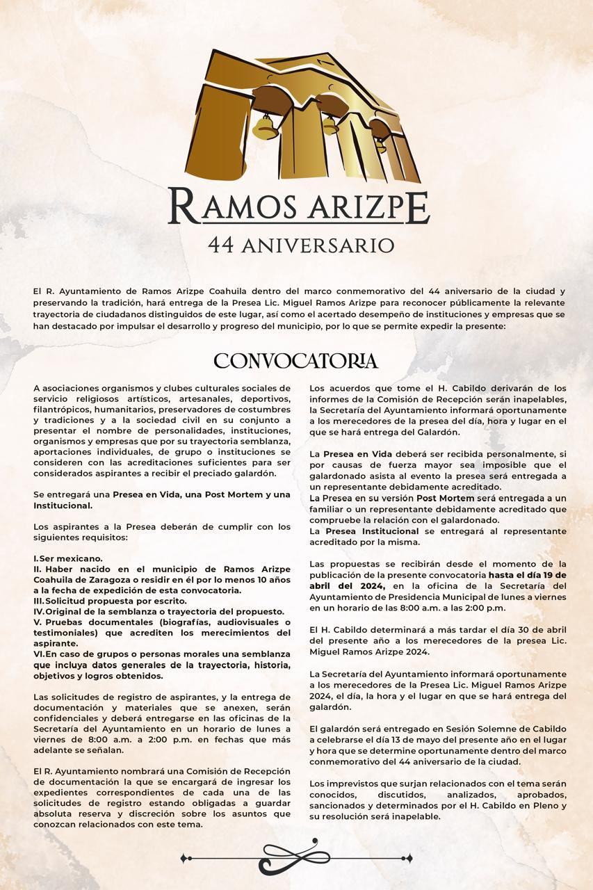 Convocan postulaciones para presea “Miguel Ramos Arizpe”