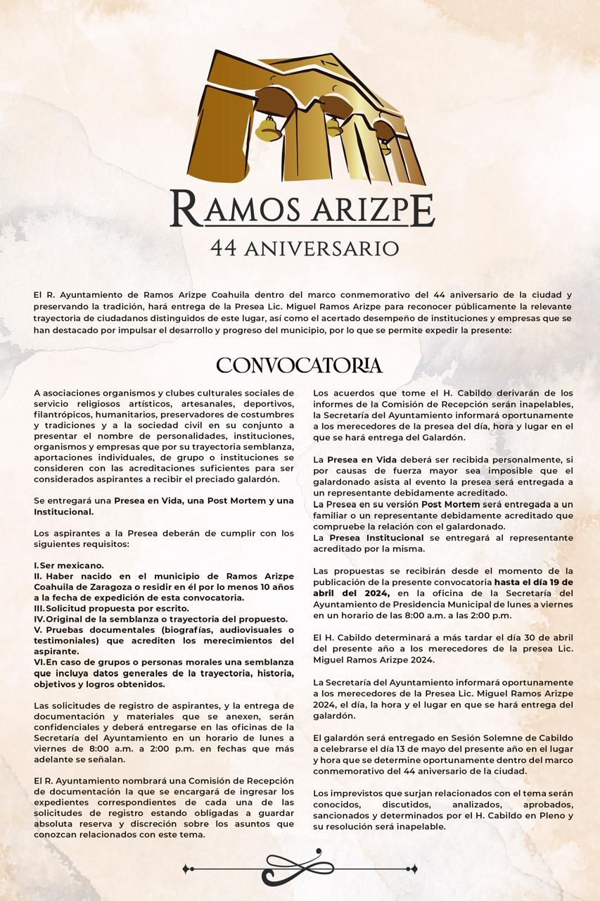 INVITAN A PARTICIPAR EN LA PRESEA “MIGUEL RAMOS ARIZPE”