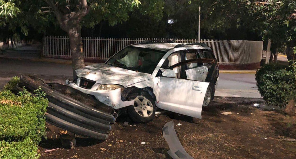Estampa conductor camioneta en árbol