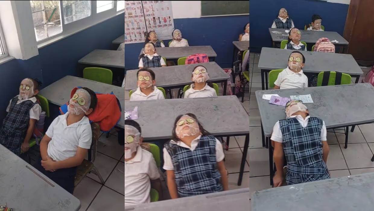 Para soportar el calor, una profesora le pone mascarillas faciales a sus pequeños alumnos