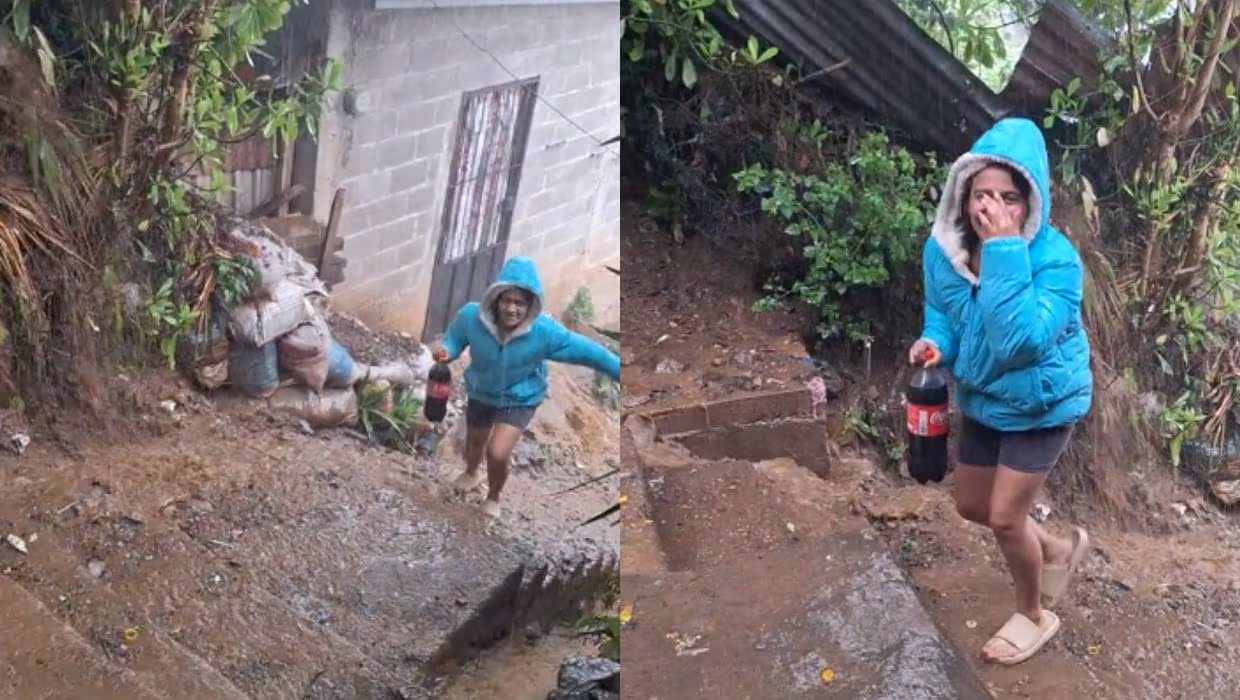 ¡No puede faltar el refresco! Mujer se viraliza por ir por una Coca-Cola de 2 litros bajo la lluvia