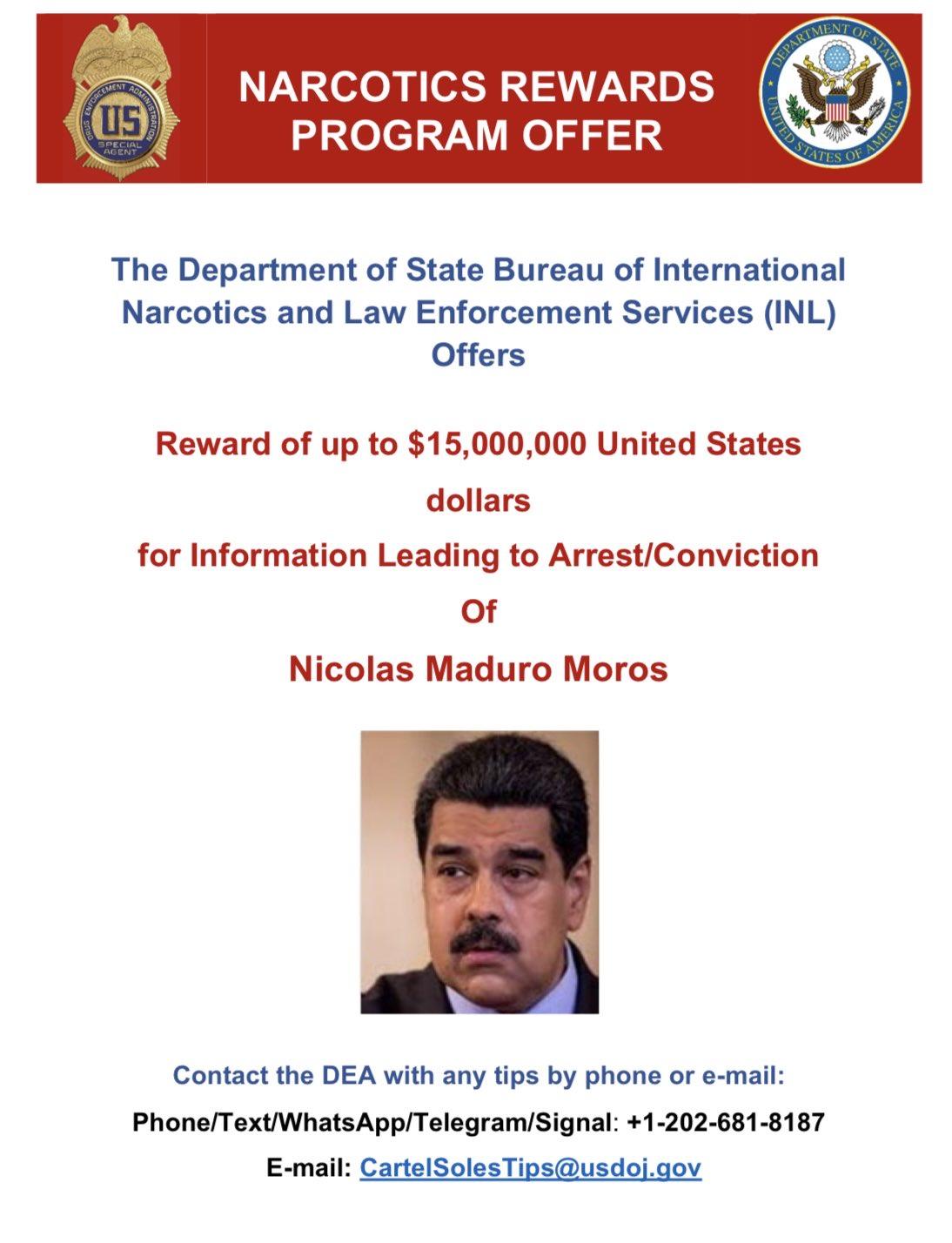 DEA ofrece 15 millones de dólares por Nicolás Maduro, el presidente reelecto de Venezuela