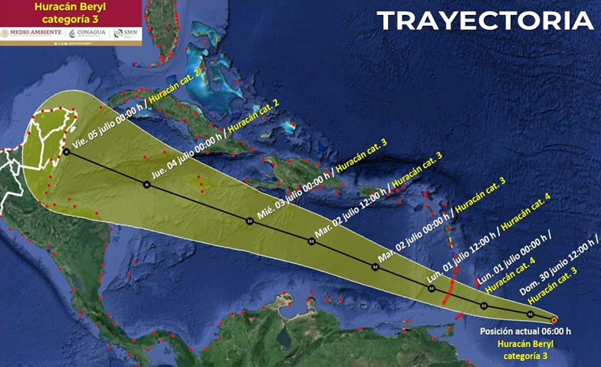 Huracán ‘Beryl’ impactará dos veces México; en estos puntos tocará tierra