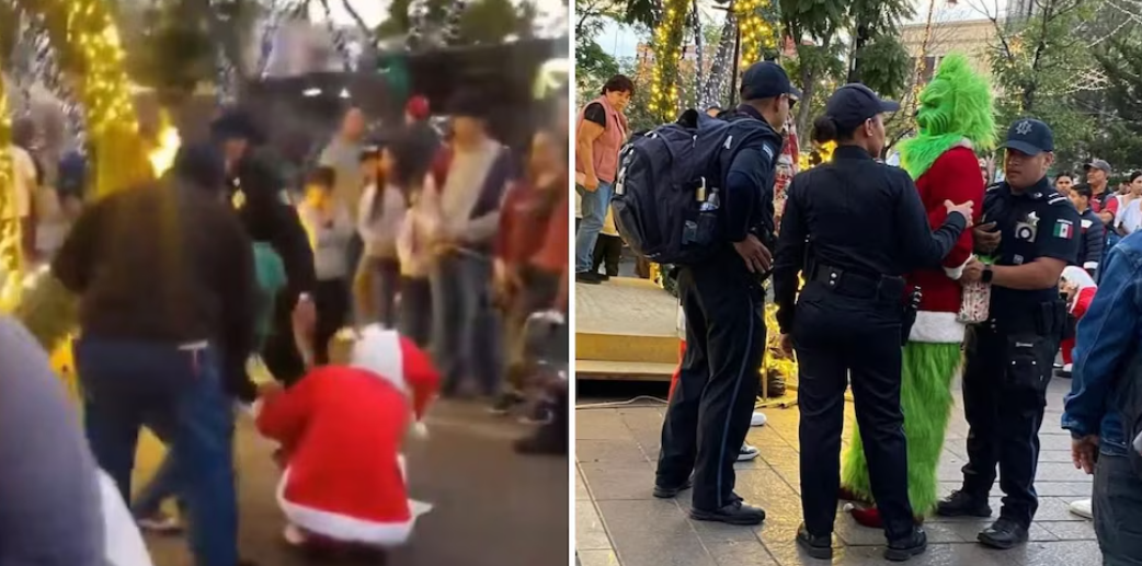 Santa Claus y el Grinch se pelean en centro de Aguascalientes.