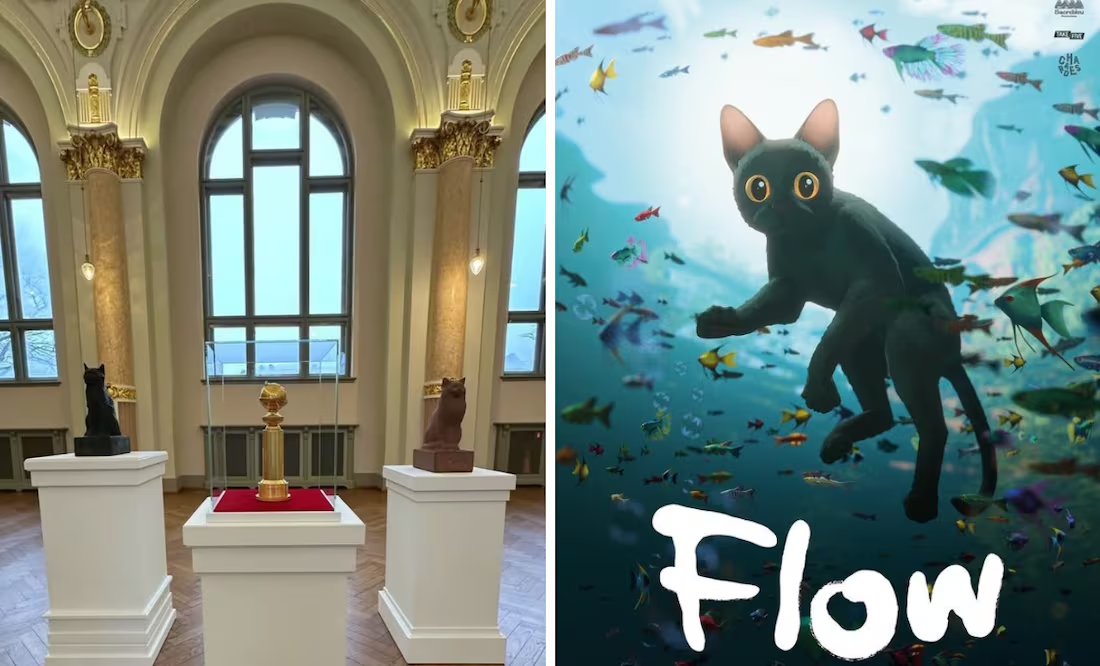 Así exhiben el Globo de Oro de película «Flow» en Letonia; es custodiado por gatitos