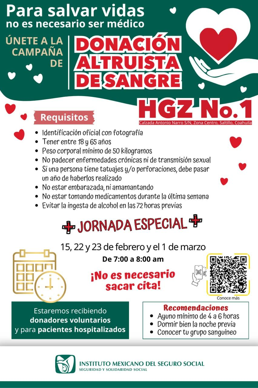 Invita IMSS Coahuila a la donación altruista de sangre