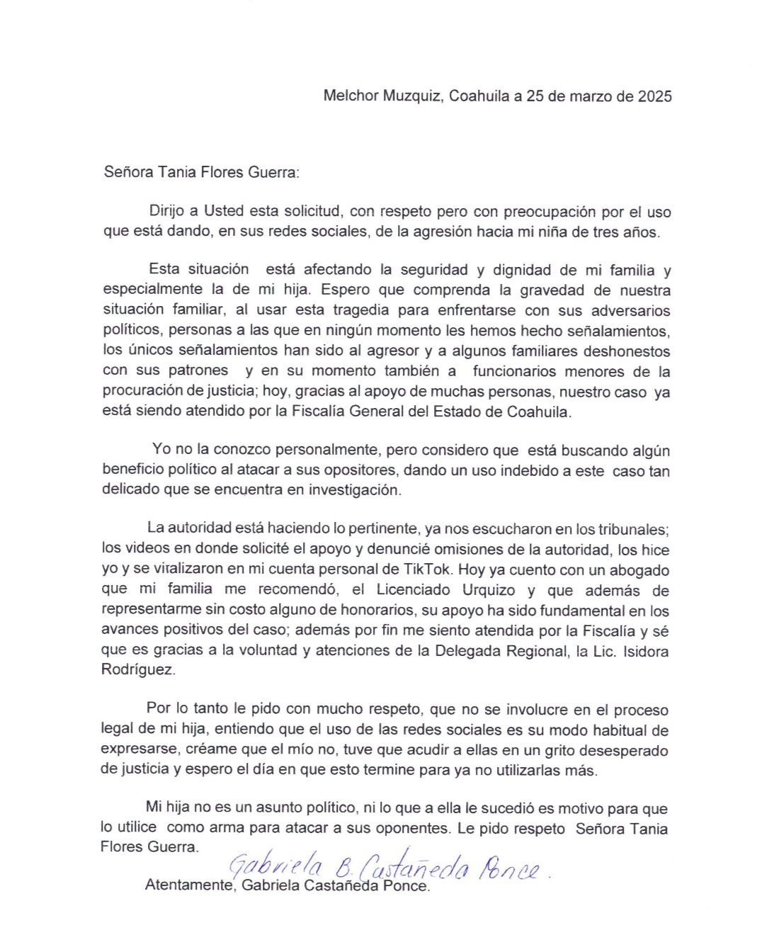Piden a Tania no usar caso de niña abusada  