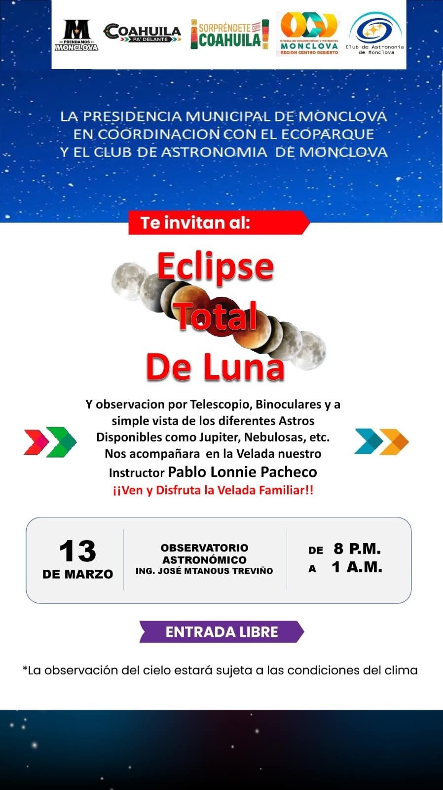 Invitan a presenciar eclipse total de luna