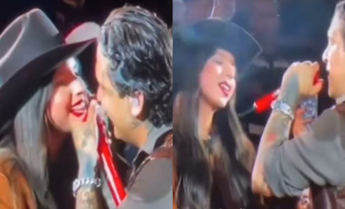 Christian Nodal y Ángela Aguilar reafirman su química con un beso durante show en Puebla