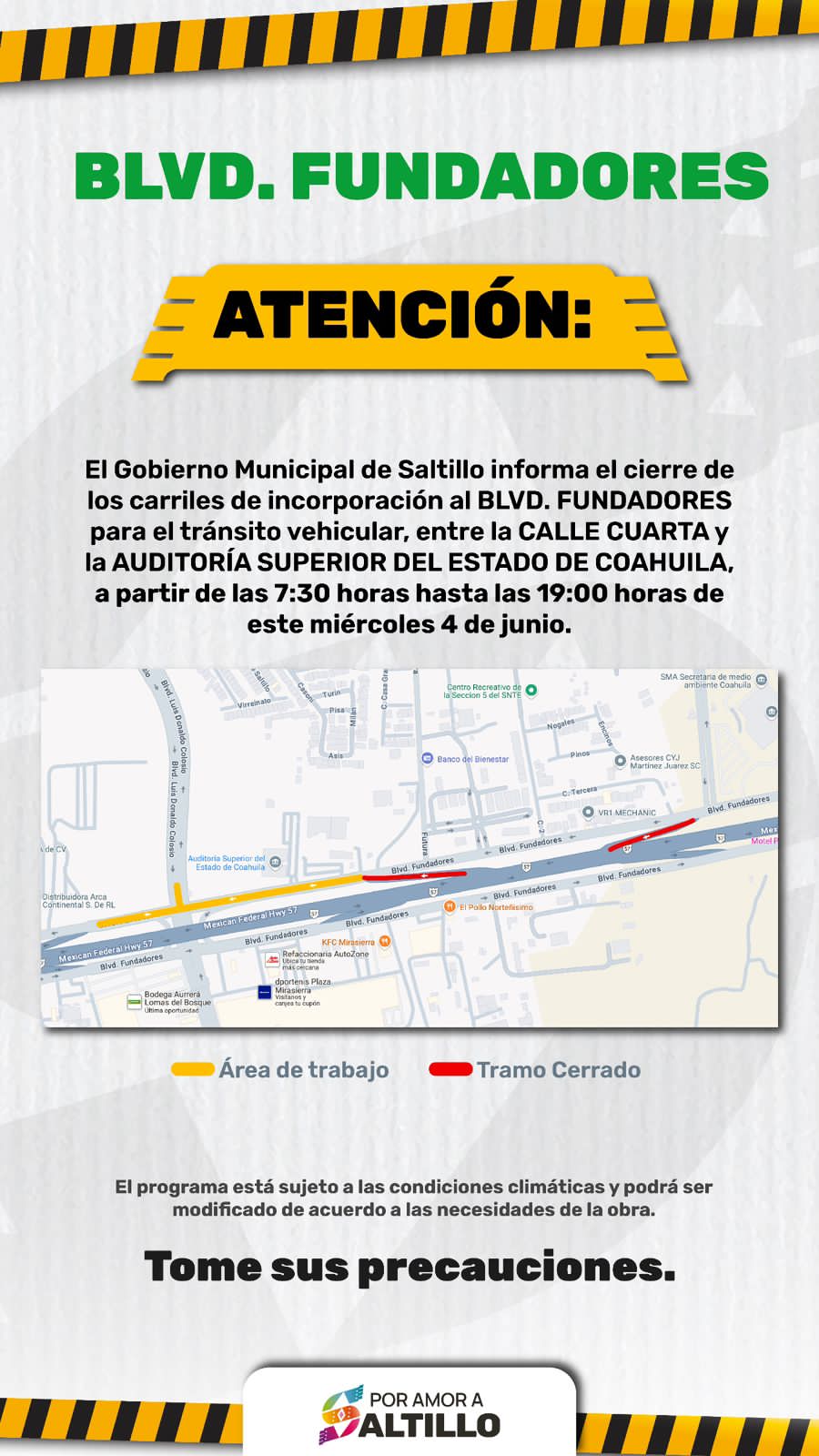 Este miércoles, cierre temporal en incorporaciones del bulevar Fundadores