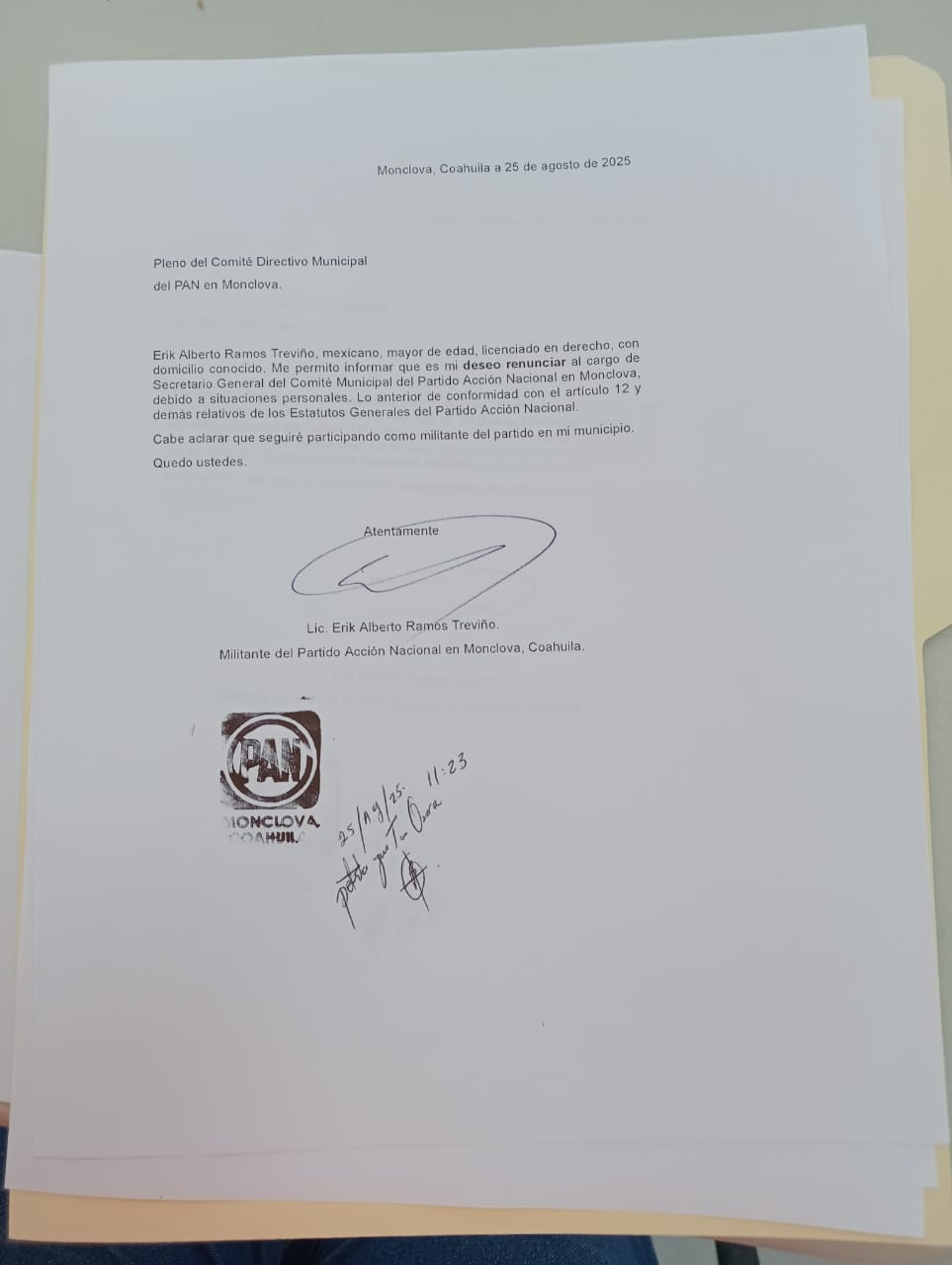 Renuncia Erick Ramos a la dirigencia del PAN