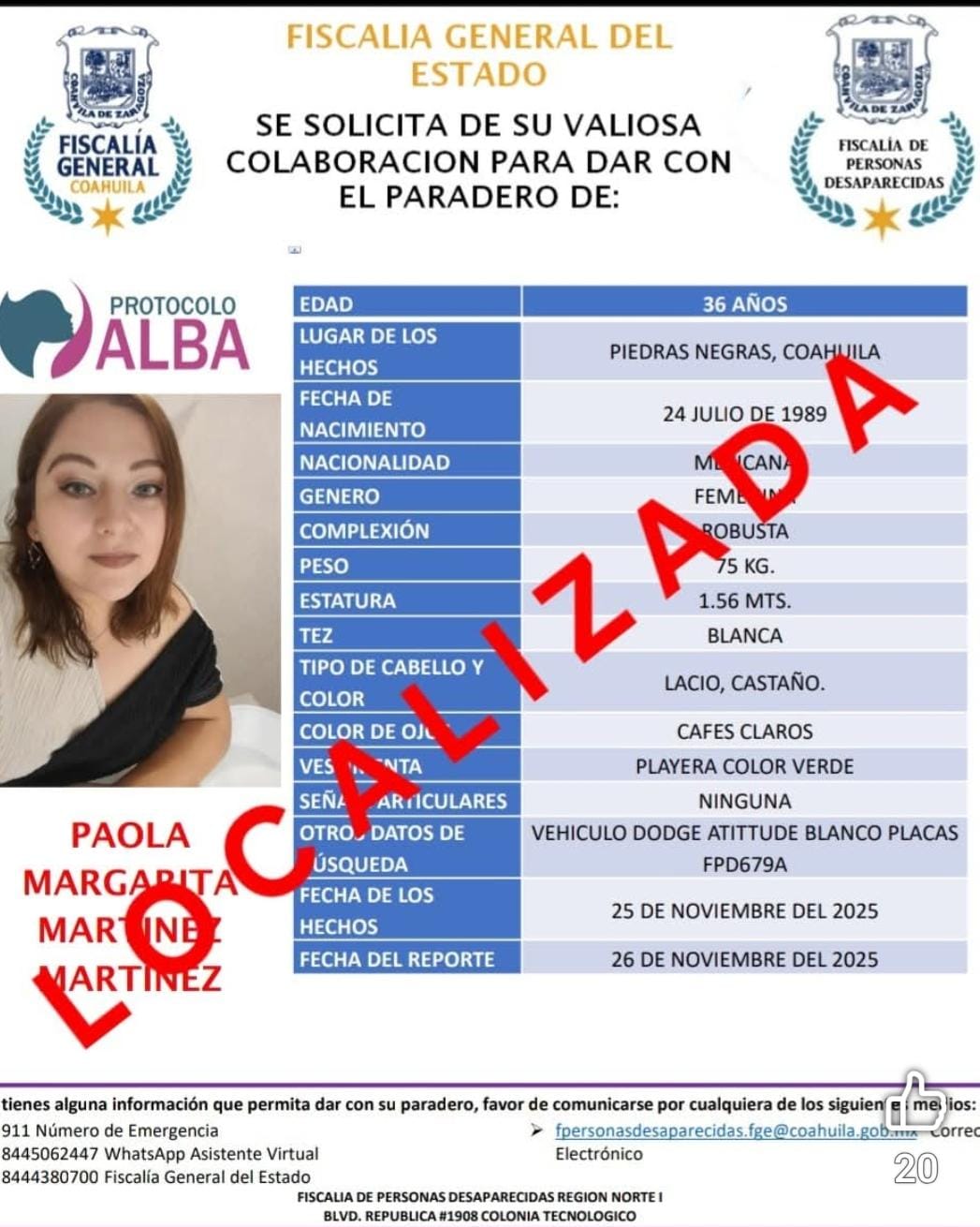 Aparece sana y salva la sabinense Paola Martínez