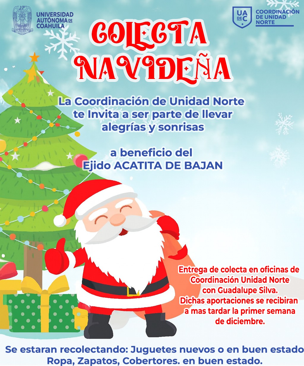 Invita UAdeC a colecta navideña