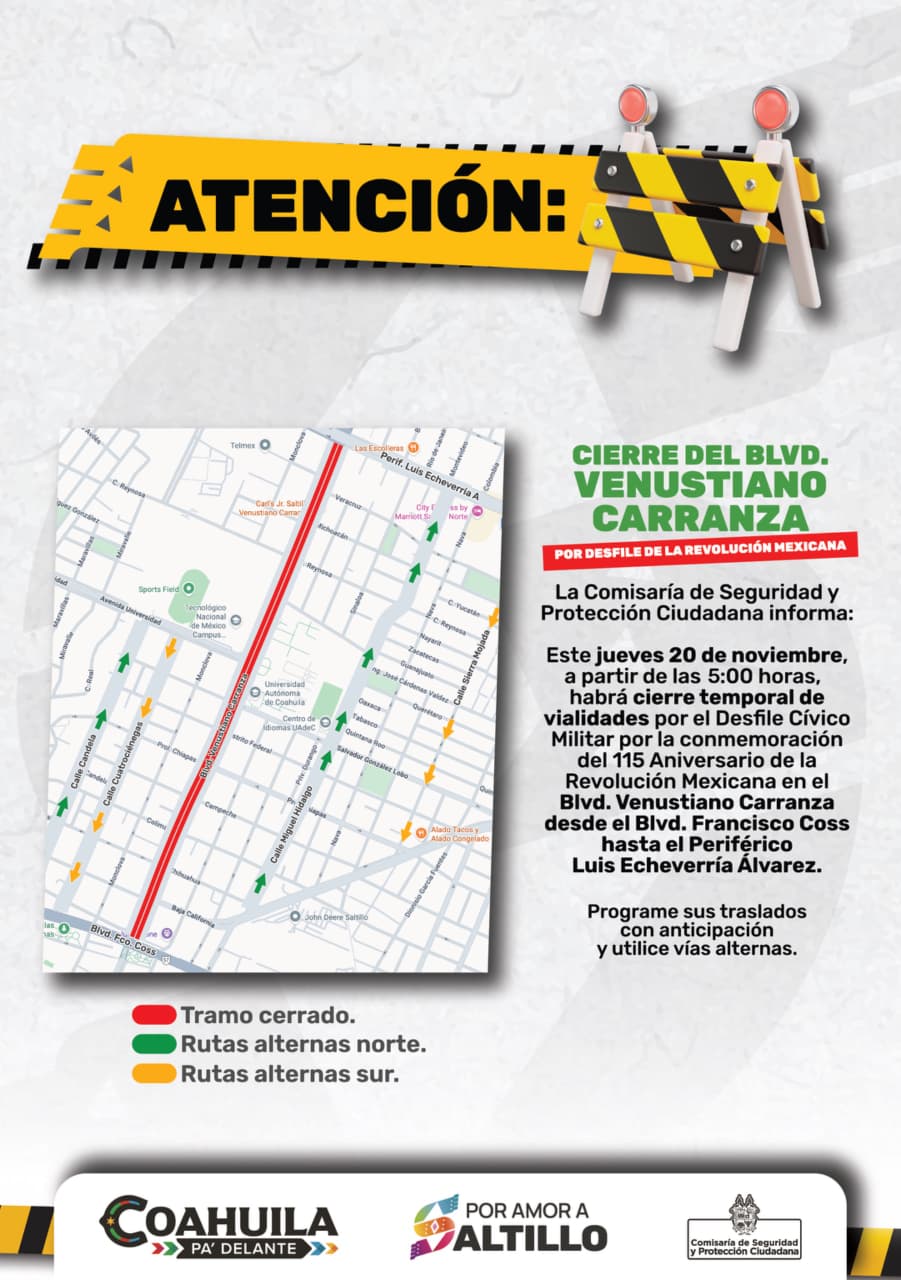 Habrá cierre vial por desfile de la Revolución; tome previsiones