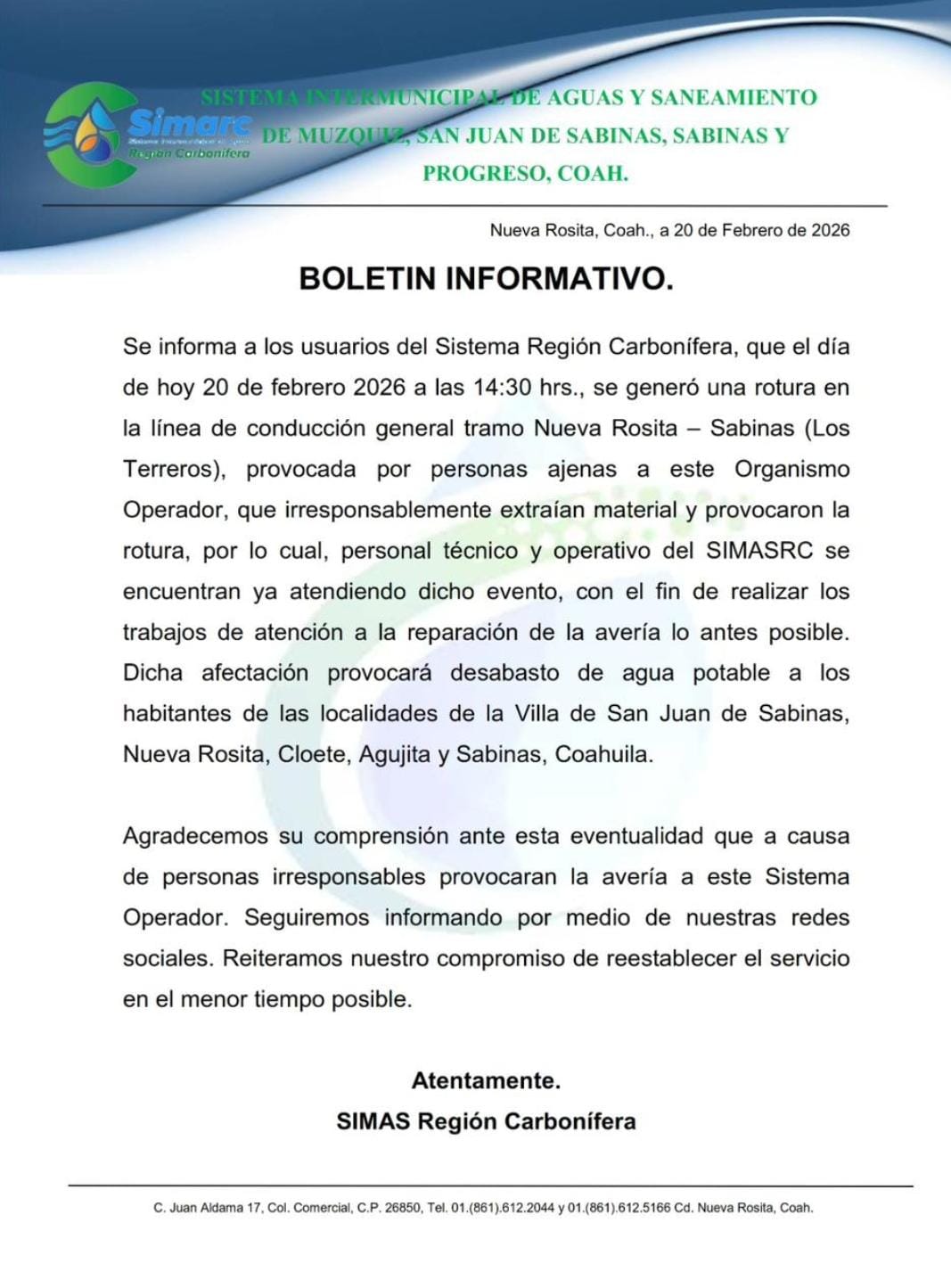 La ruptura de línea general deja a miles sin agua en RC