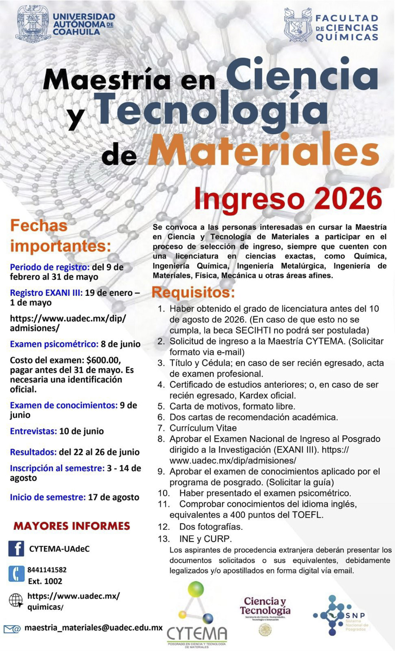 Invita UAdeC a cursar Maestría en Materiales