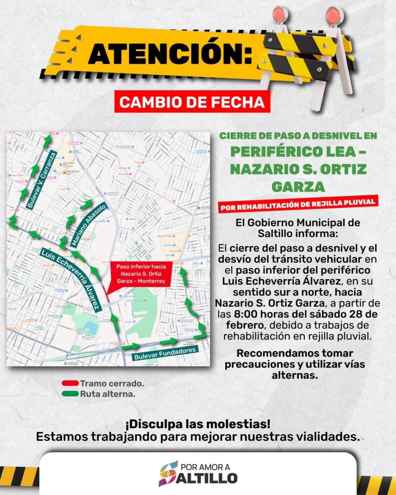 Cierre de paso a desnivel en LEA hacia Nazario será el sábado 28 de febrero