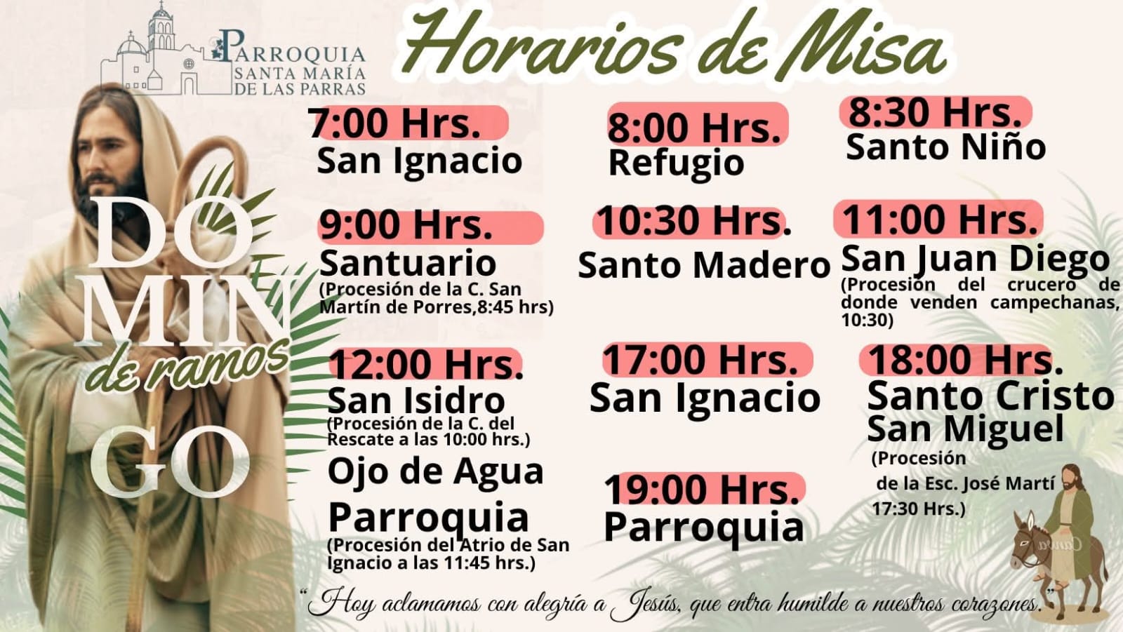Anuncian horarios del Domingo de Ramos