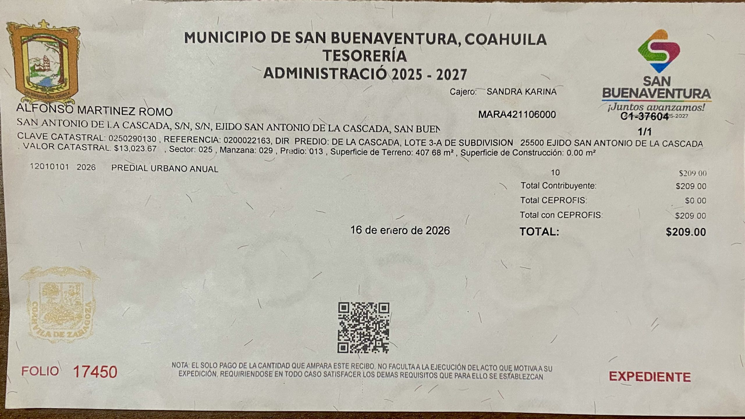 CONTRIBUYENTE DE SAN ANTONIO DE LA CASCADA GANADOR DEL AUTO EN SB