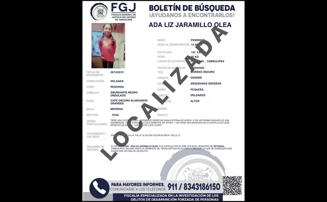 Localizan con vida a Ada Lyz, menor reportada como desaparecida en Reynosa, Tamaulipas; colectivo agradece apoyo y coordinación de las autoridades