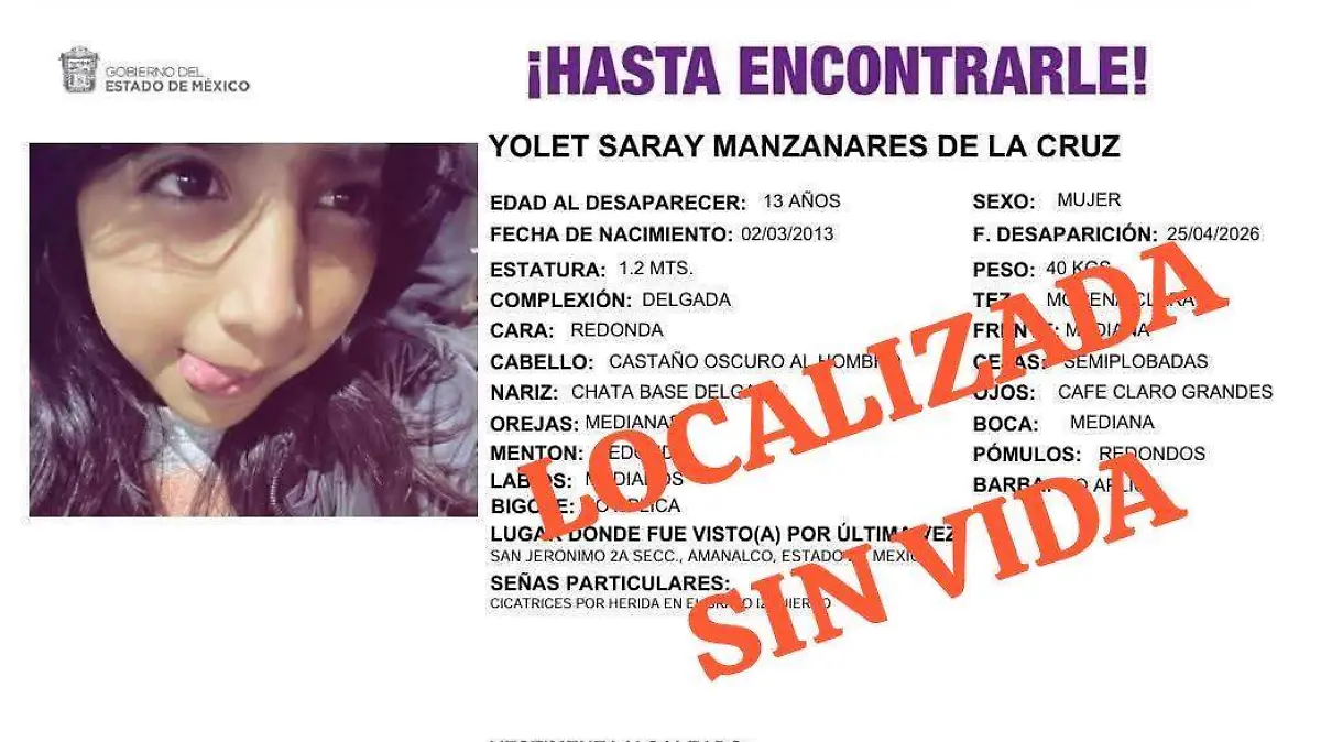 Localizan sin vida a Yolet Saray, menor desaparecida en Amanalco