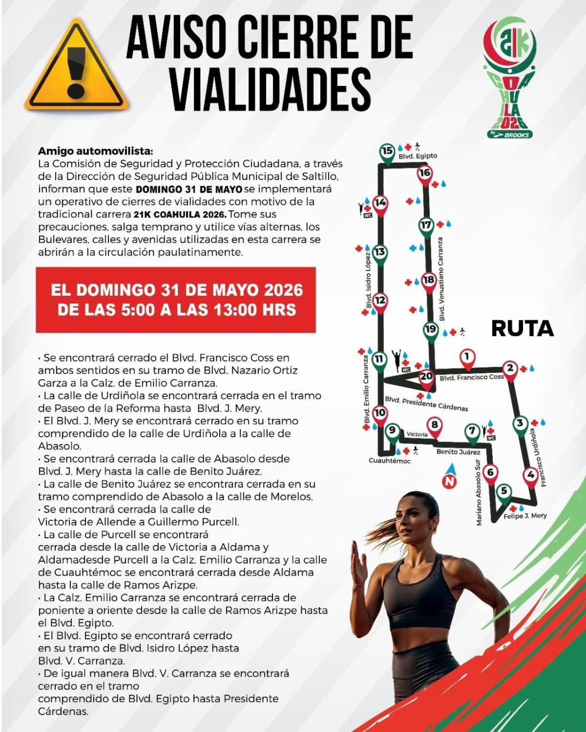 Advierten cierres viales hoy por la 21K Coahuila