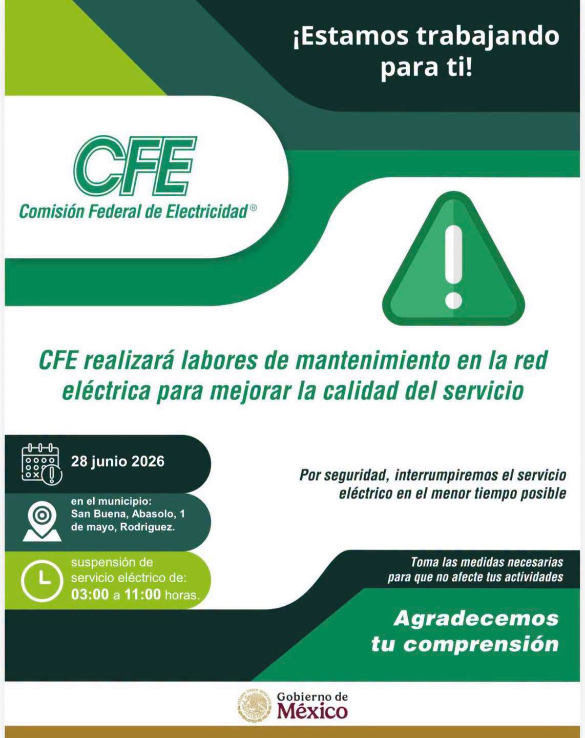 Suspenderá la CFE sus servicios en San Buena