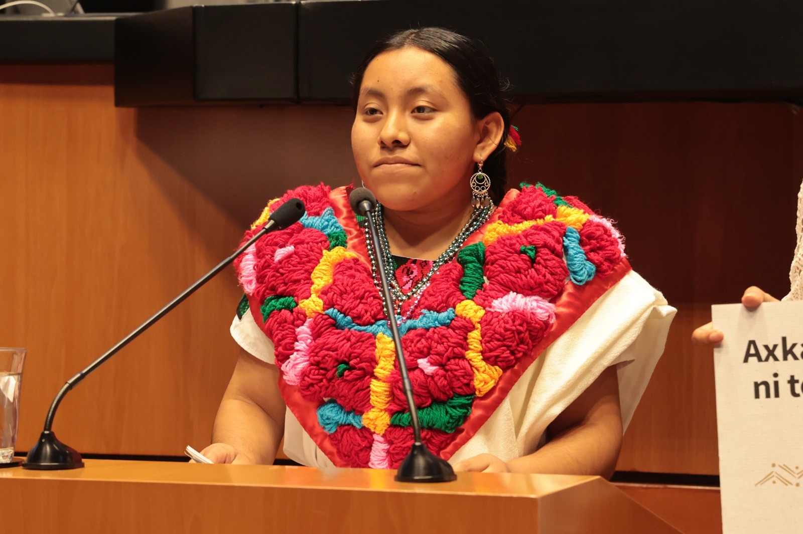 Reyna Yulieth De la Cruz, hablante de lengua náhuatl, emite mensaje desde la tribuna de la Comisión Permanente