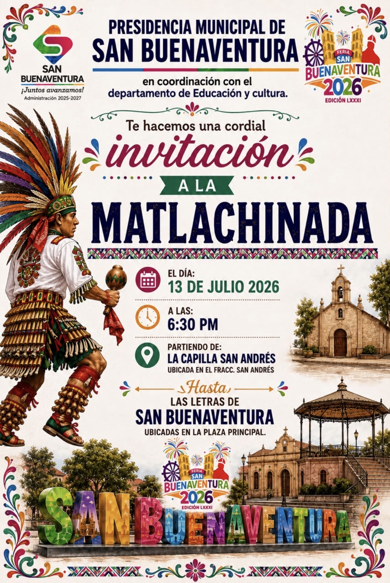 Banda Militar y matlachines en la fiesta de San Buenaventura