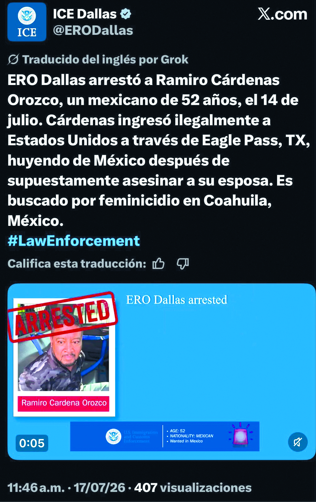 Asesino de Aracely en campaña del ICE