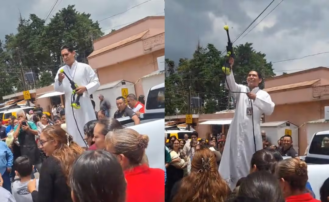 VIDEO. Sacerdote se vuelve viral al lanzar agua bendita con una hidrolavadora; desata debate en redes