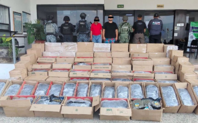 Capturan a tres personas con casi 700 kilos de m*rihuana en carretera de Chiapas; viajaban desde la CDMX
