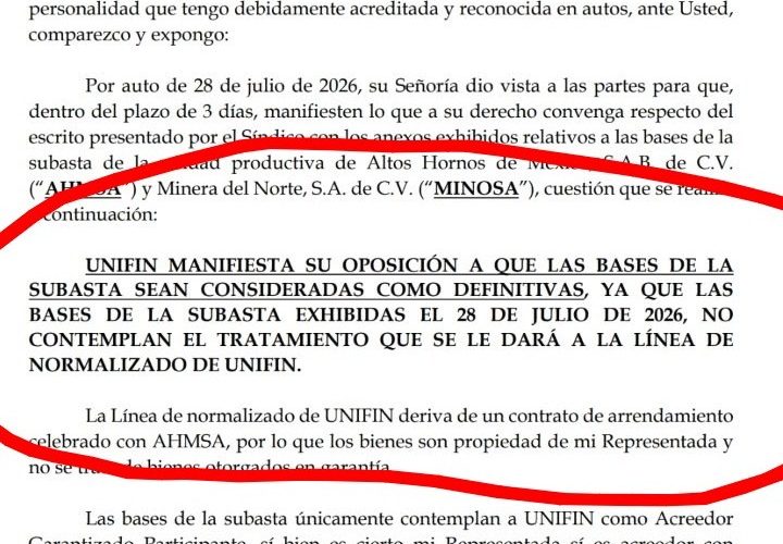 Rechaza UNIFIN bases para subastar AHMSA