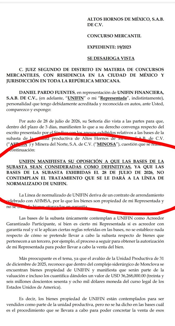 Rechaza UNIFIN bases para subastar AHMSA