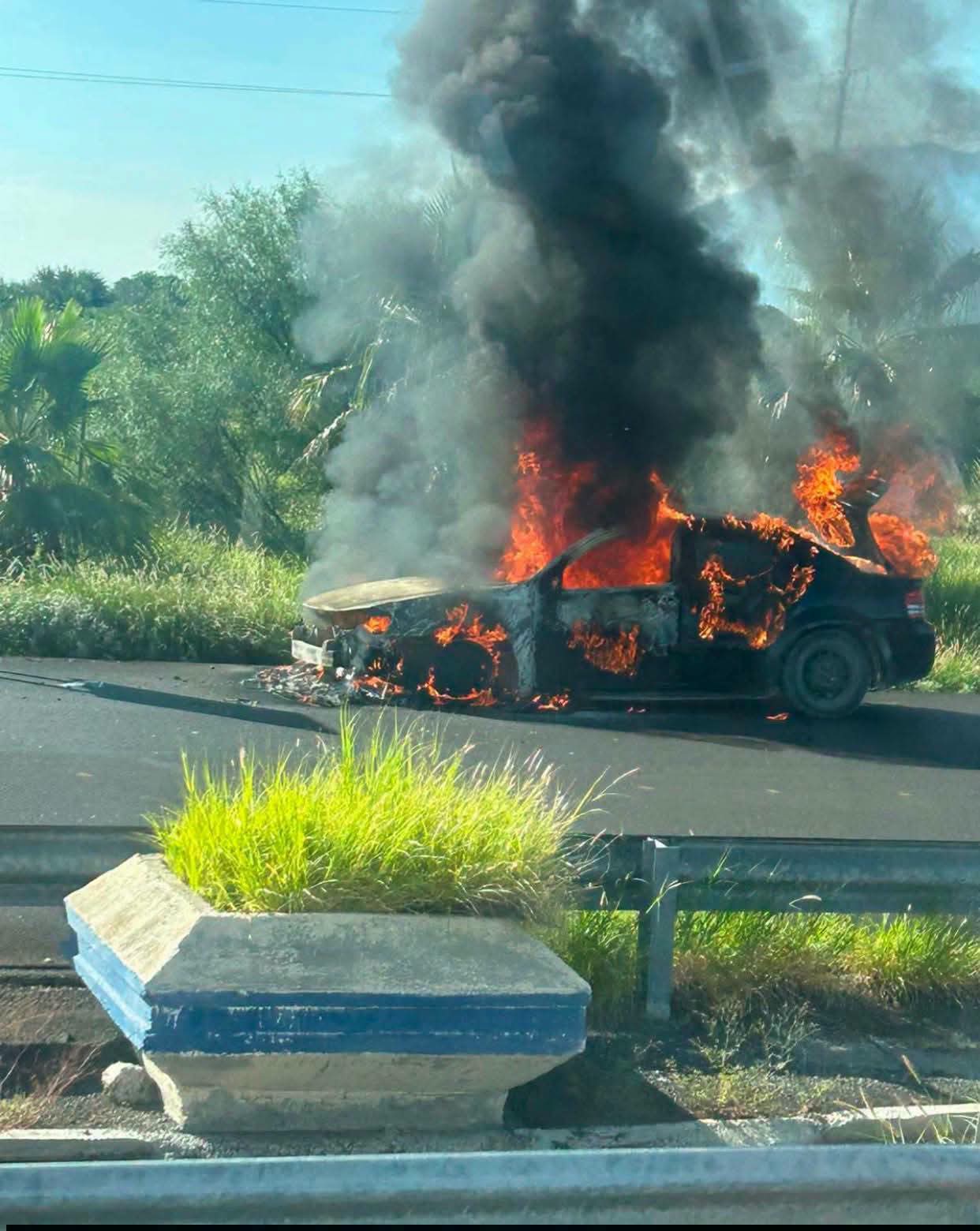 Arde auto en plena carretera; conductor logra escapar ileso