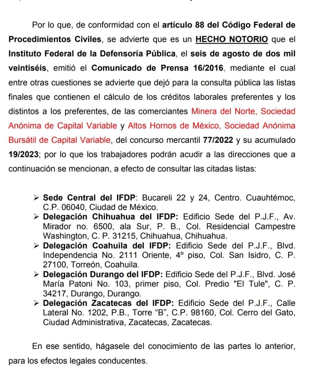 Publica Defensoría créditos laborales; pero en Torreón