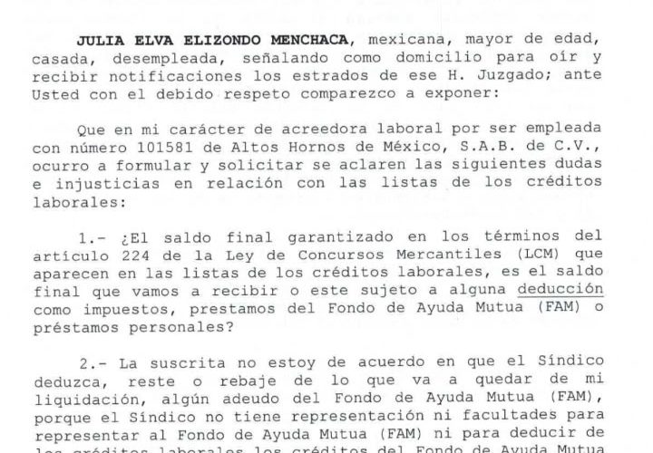 Exige ex empleada de AHMSA no deducir préstamos de finiquitos