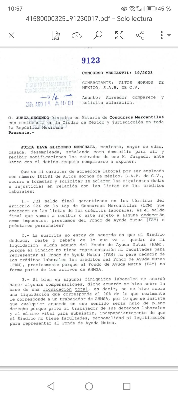 Exige ex empleada de AHMSA no deducir préstamos de finiquitos