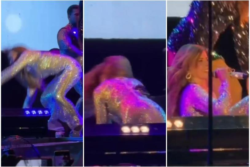 Gloria Trevi se cae durante concierto en la FENAPO