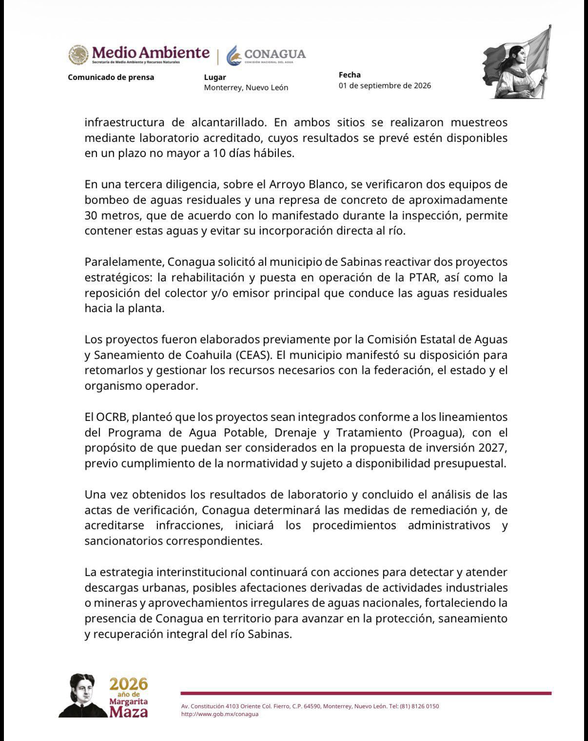 Detecta Conagua descargas residuales en el Rio Sabinas